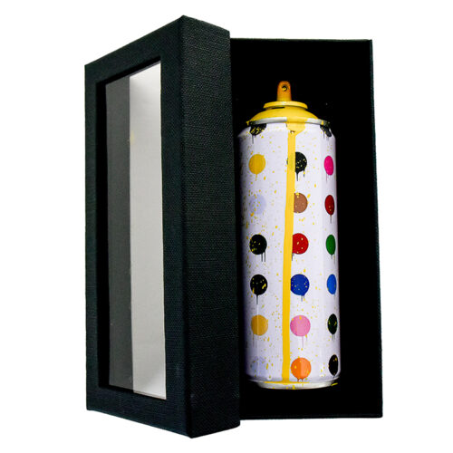 mr brainwash hirst dots spray can in yellow in display case