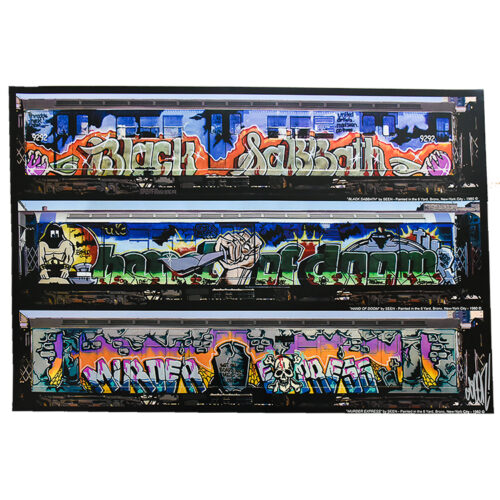seen subways poster signed showing 3 subway cars painted by seen in the 80's