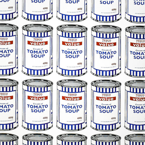 close up of tesco cans from banksy soup cans poster