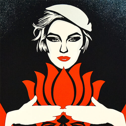woman with lotus from shepard fairey noir flower woman print red version