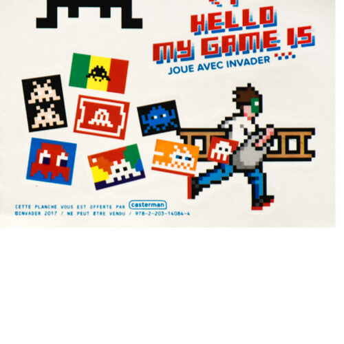 invader hello my game is promo sticker sheet info printed on bottom left