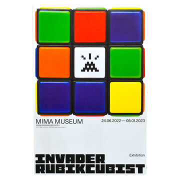 invader rubikcubist mima exhibition poster of rubik cube with invader in center