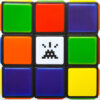 close up of middle of invader rubikcubist mima exhibition poster of rubik cube with invader in center