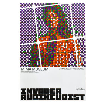 invader rubikcubist exhibition poster from MIMA with the character leeloo from the movie the fifth element