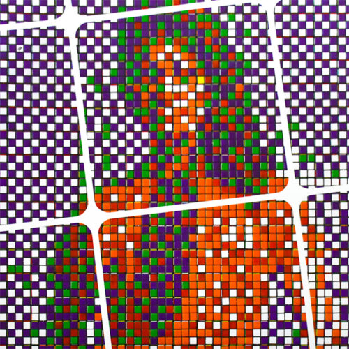 close up of invader rubikcubist exhibition poster from MIMA with the character leeloo from the movie the fifth element