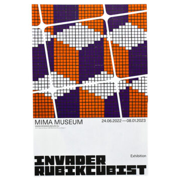 Invader rubikcubist exhibition poster from MIMA with q*bert video game stage