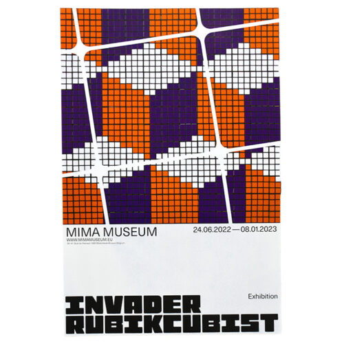 Invader rubikcubist exhibition poster from MIMA with q*bert video game stage
