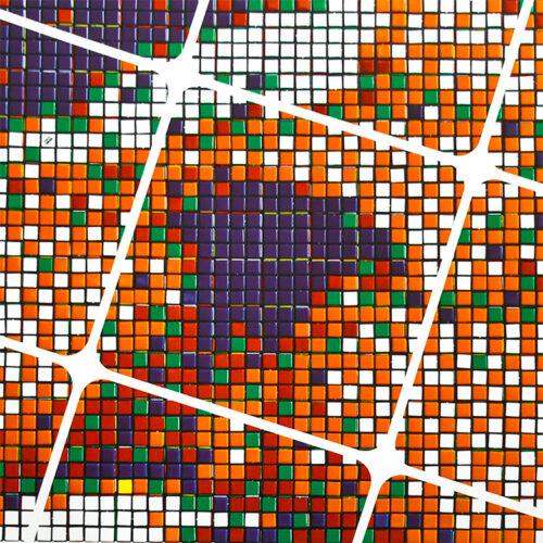 close up of invader rubikcubist exhibition poster from MIMA with the famous l'origine du monde image