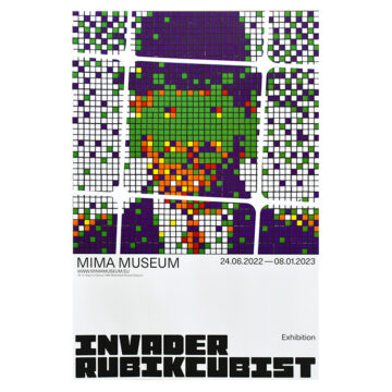 invader rubikcubist exhibition poster from MIMA with the famous the son of man image