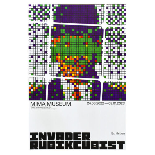invader rubikcubist exhibition poster from MIMA with the famous the son of man image