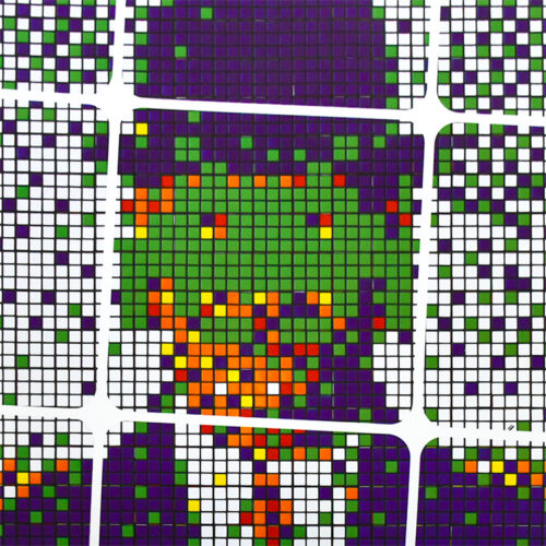 close up of invader rubikcubist exhibition poster from MIMA with the famous the son of man image