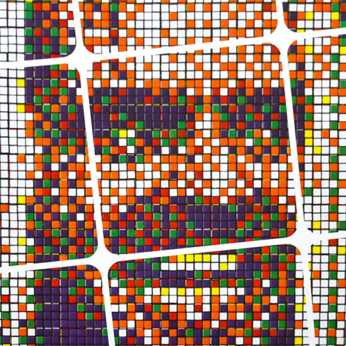 close up of invader rubikcubist exhibition poster from MIMA with jack nicholson image from the movie shining