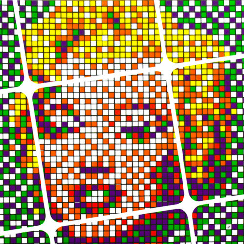 close up of invader rubikcubist exhibition poster from MIMA with the iconic image of marilyn monroe