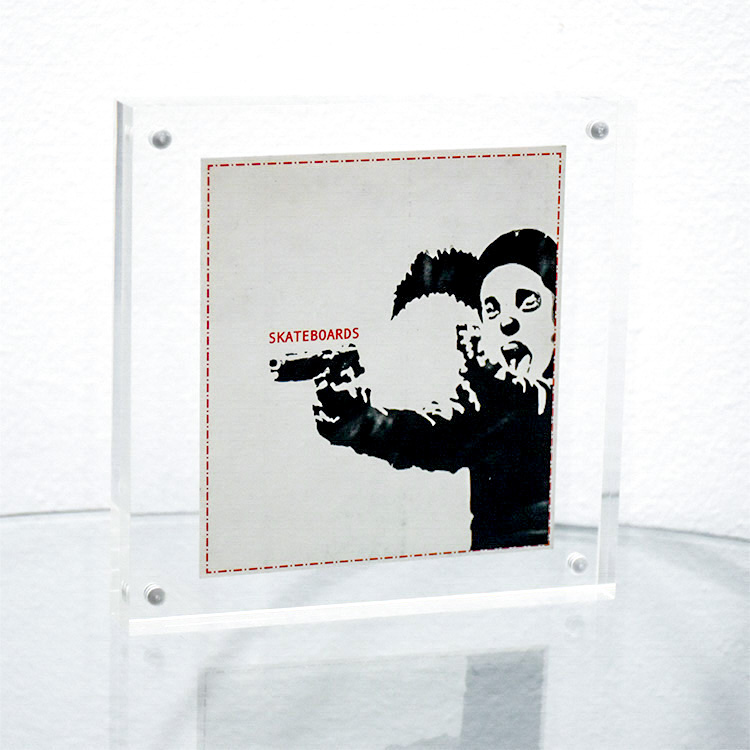 banksy clown skateboards logo sticker in clear block frame