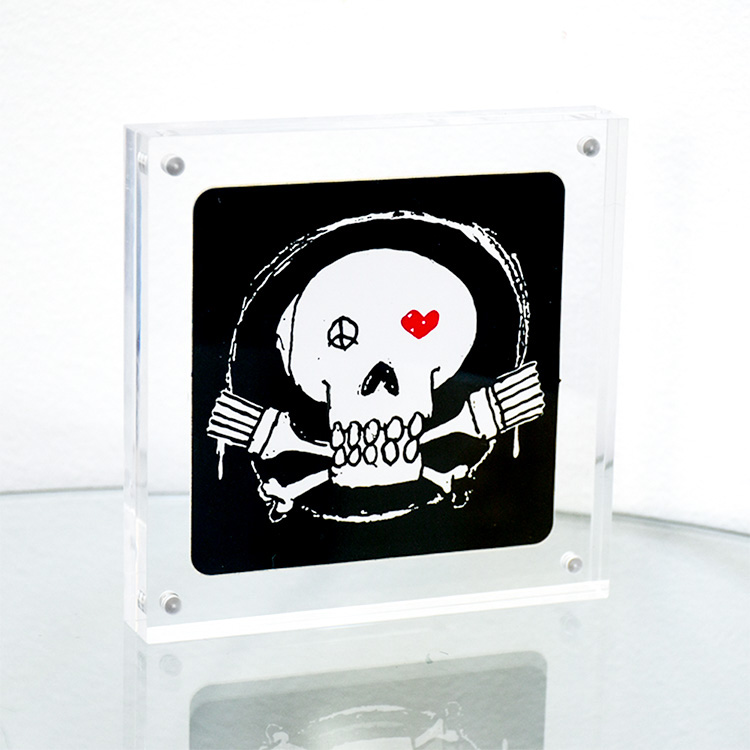 banksy pictures on walls logo square sticker version in clear block frame