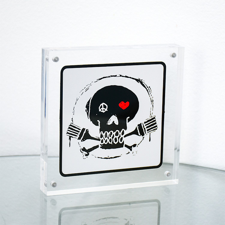banksy pictures on walls logo square sticker version in white in clear block frame