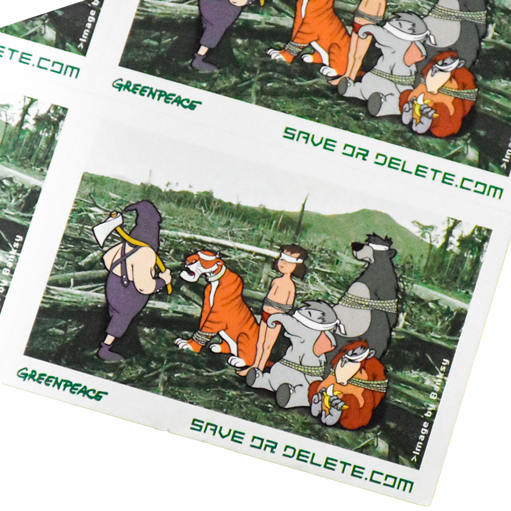 banksy save or delete greenpeace sticker sheet showing sticker text