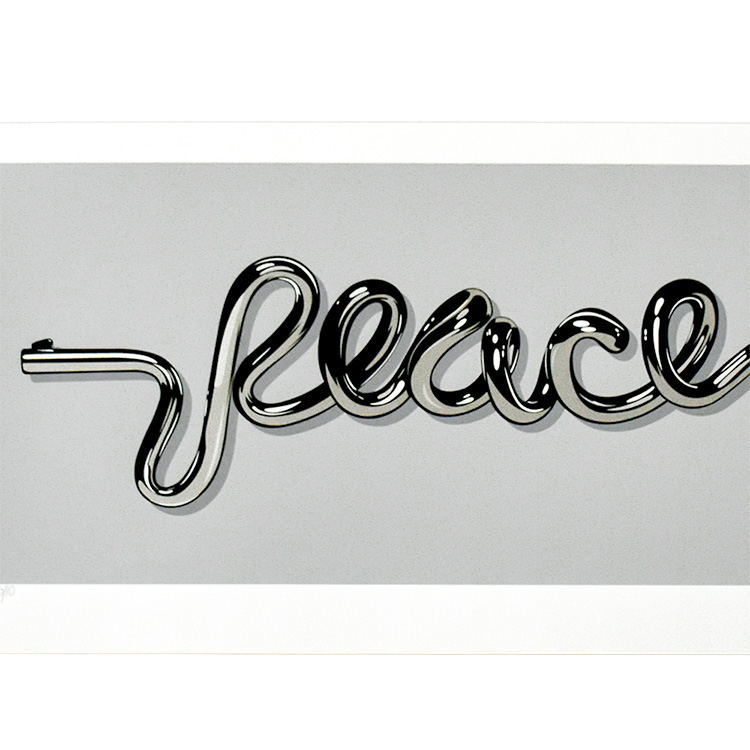 showing close up of peace text from dface peace gun silver ap print