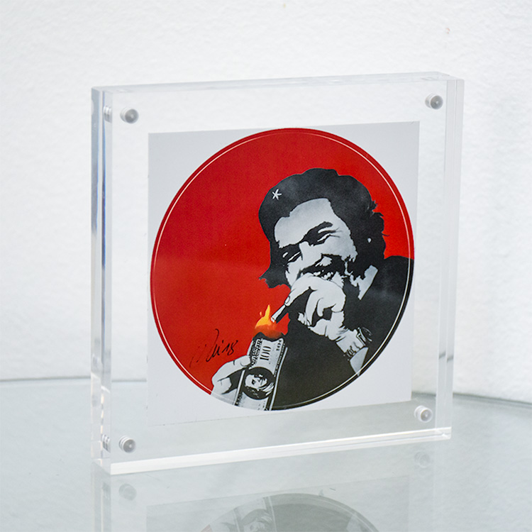 kunstrasen burn capitalism burn red signed sticker in clear block frame