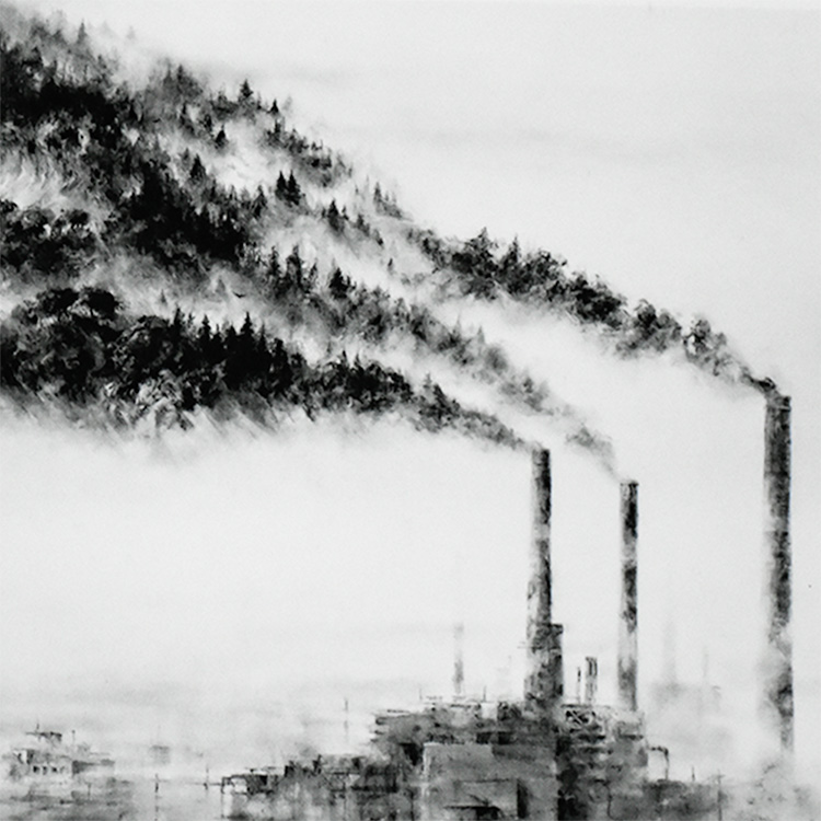 close up of pejac a forest mini print showing smoke from stacks from factory becoming trees