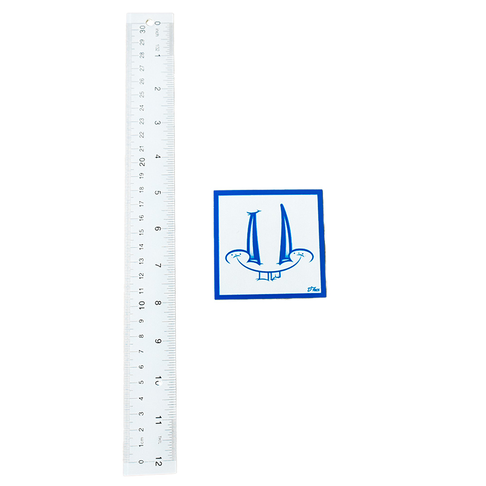 dface smiley face sticker blue next to ruler