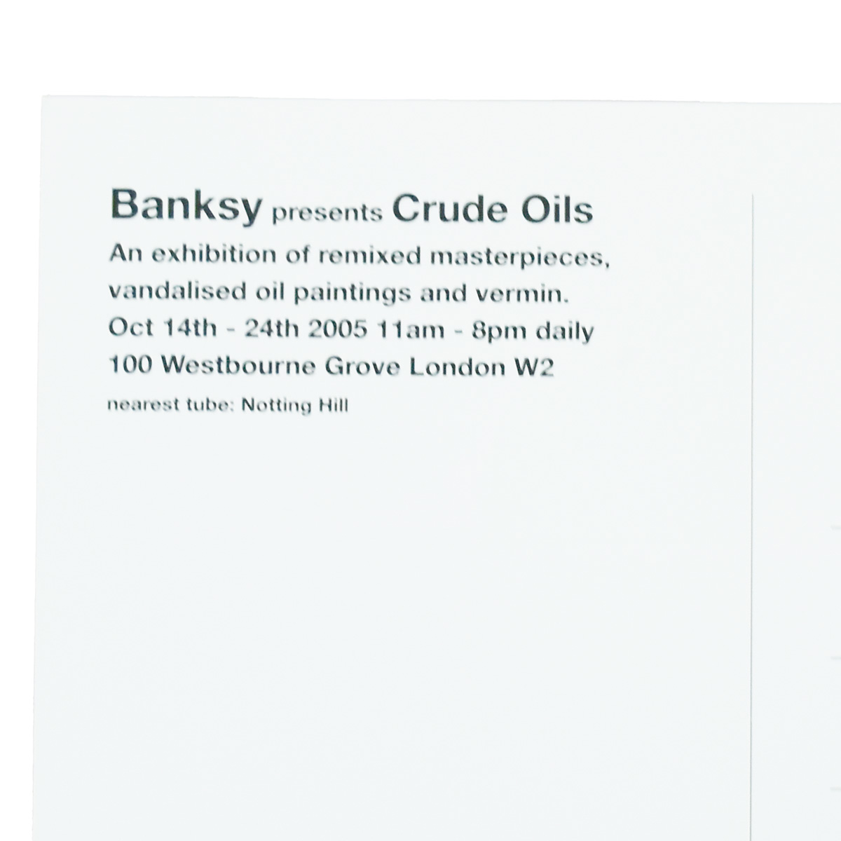 close up details of back of banksy kate crude oils showcard