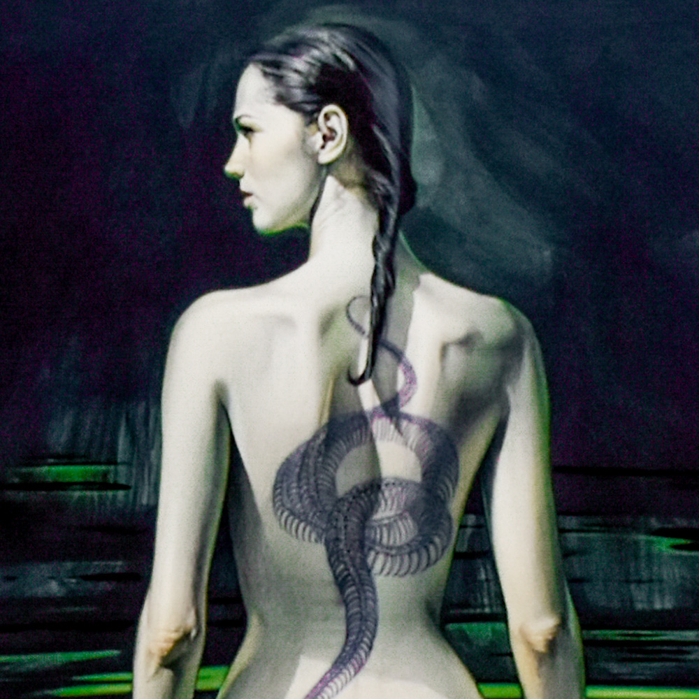 top of hajime sorayama untiled print of woman with snake tattoo