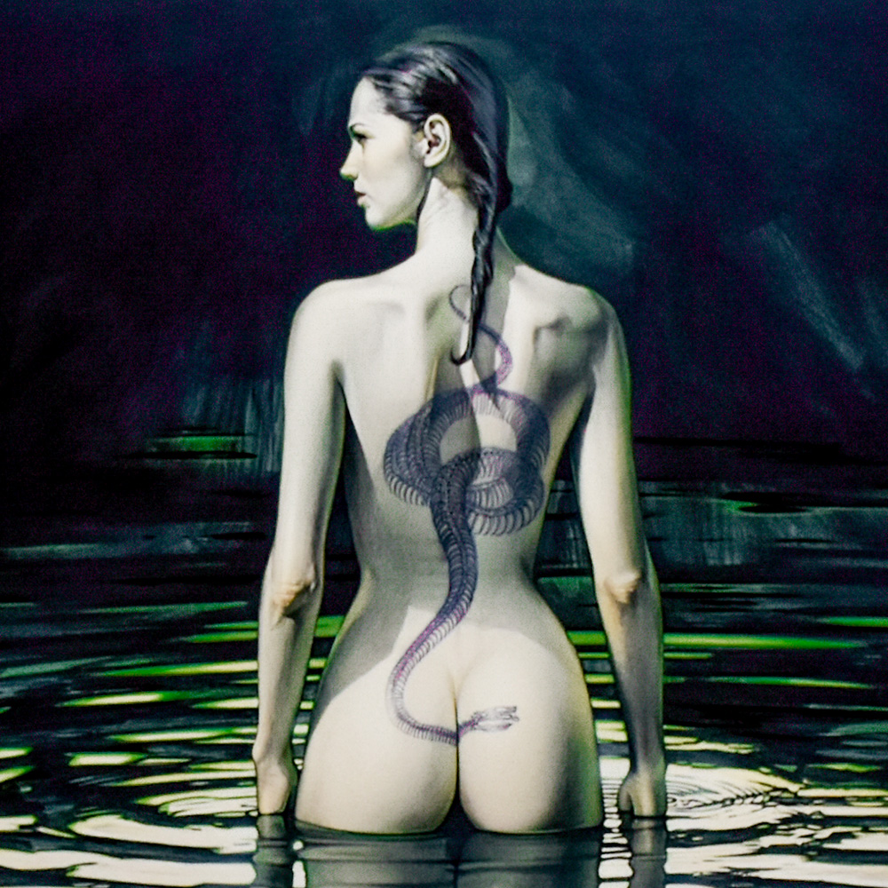 middle of hajime sorayama untiled print of woman with snake tattoo