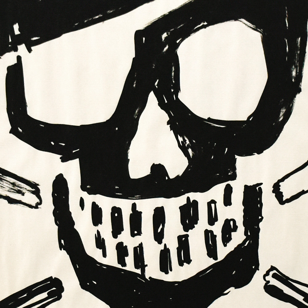 close up of banksy skull print in black