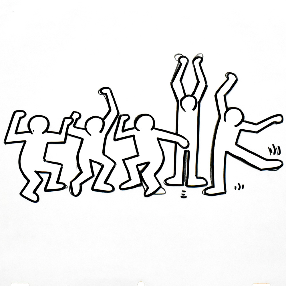 close up of the dancers from keith haring sesame street 5 dancing men animation cel set