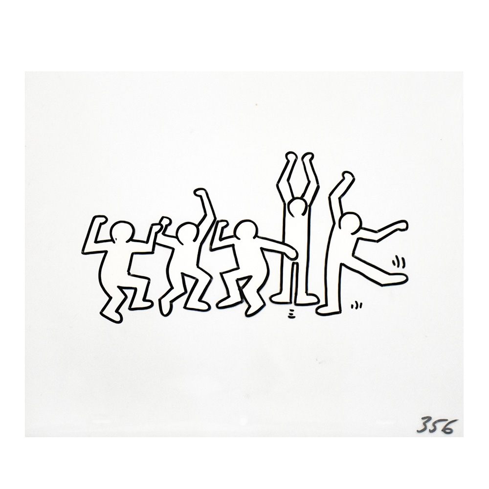 showing just the cel from keith haring sesame street 5 dancing men animation cel set